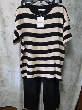 Kalli Collection Black & Cream Striped Crewneck Shirt And Pants